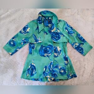 Kristin Davis Green & Blue Spring Floral Cropped Trench Coat Size M